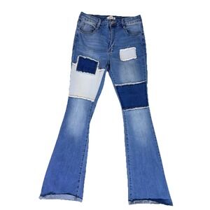 Rue21 Jeans Womens 10 Mid Rise Patchwork Flare Light Wash Stretch Denim Boho Y2K